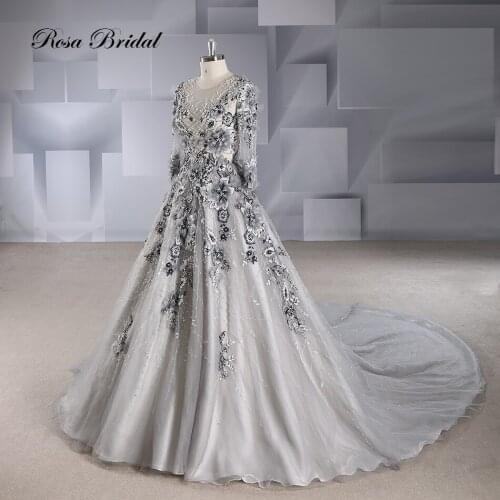 Rosabridal ball gown Wedding Dress 2019 new Long Sleeves O-neck Black Lace with flower beading Appliques over tulle bridal gown