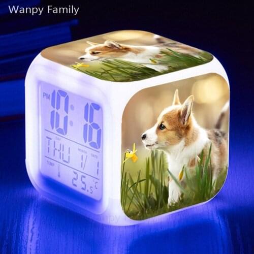 Super Cute Pet Dog Alarm Clock 7 Color Glowing LED Digital Alarm Clock Kids Birthday Gift Multifunction Electronic Clock