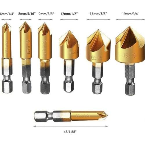 7in1 HSS Countersink Drill Bit Set 5 Flute 90 Degree 6-19mm Sink Chamfer Cutter Countersink Drill Bit For Wood Plastic Drilling
