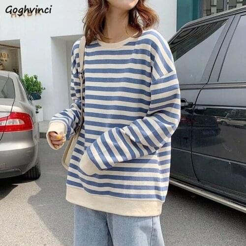Hoodies Womens 2020 New Autumn Fashion Basic Striped O-Neck Long Sleeve Harajuku Loose Tops Female Streetwear All-match Pullover