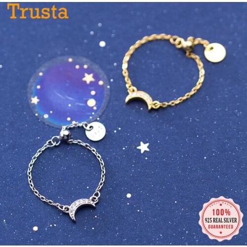TrustDavis Real 925 Sterling Silver Fashion Sweet Moon Shiny CZ Chain Opening Ring For Women Wedding Party Fine Jewelry DA2094