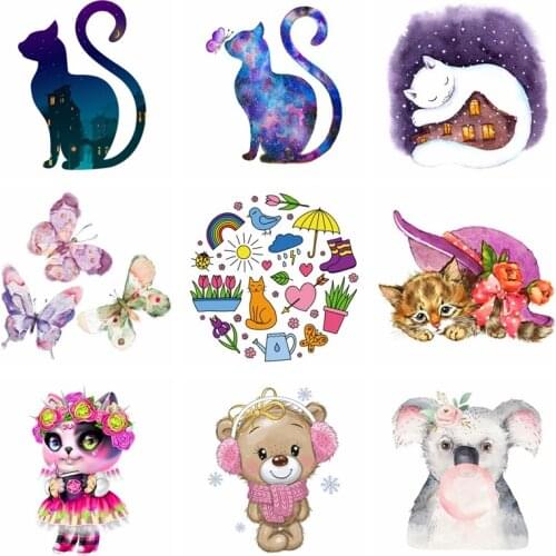 DIY Cartoon Cats Vinyl Heat Transfer On T-shirt Applique Cute Animal Iron On Patches For Kids Clothing Stickers Applique Decor