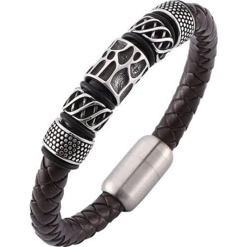 Vintage Jewelry Brown Braided Leather Bracelet Men Stainless Steel Magnetic Buckle Punk Leather Rope Hand Bracelet PD0151