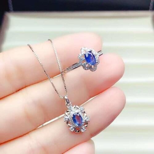 925 Silver Jewelry Natural Sapphire Pendant earring sets Women Jewelry