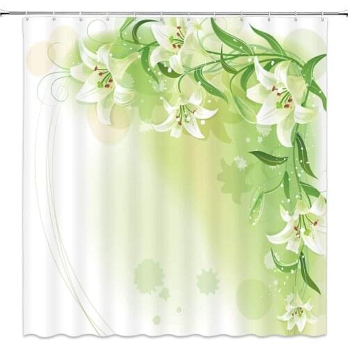 Plant White Flower Shower Curtains Green Leaves Bathroom Decor Background Waterproof Polyester Fabric Bath Cloth Curtain Sets