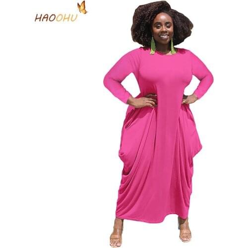 HAOOHU Casual Plus Large Big Size Maxi Dresses Woman Summer 2021 Ladies Solid Color O-Neck Long Sleeve Irregular Hem Cotton-like