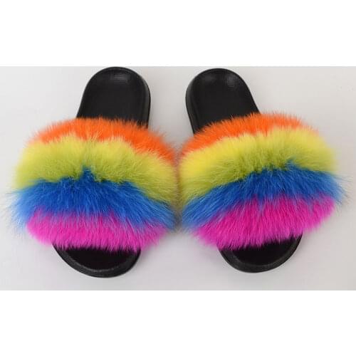 Hot Sale Fur Slippers For Women Real Fox Fur Indoor Fluffy Slides Furry Summer Sweet Ladies Flat Shoes Fur Sandals