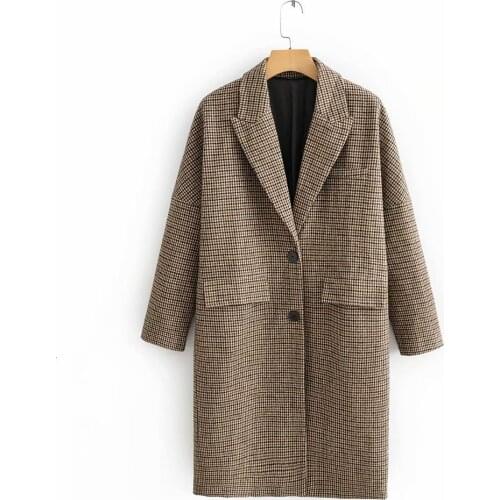 2021 New Winter Plaid Long Coat Women Single Breated Woolen Coat Europe Fashion Ladies Vintage Warm Clothes