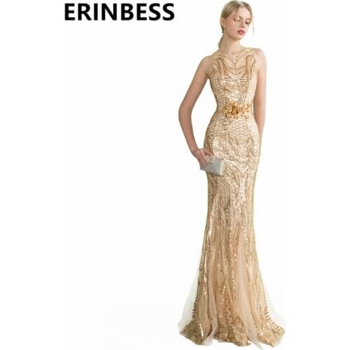 Sexy Mermaid Gold Sequined Evening Dresses Sexy Scoop Neck Cap Sleeve Sweep Train Formal Party Gowns For Women
