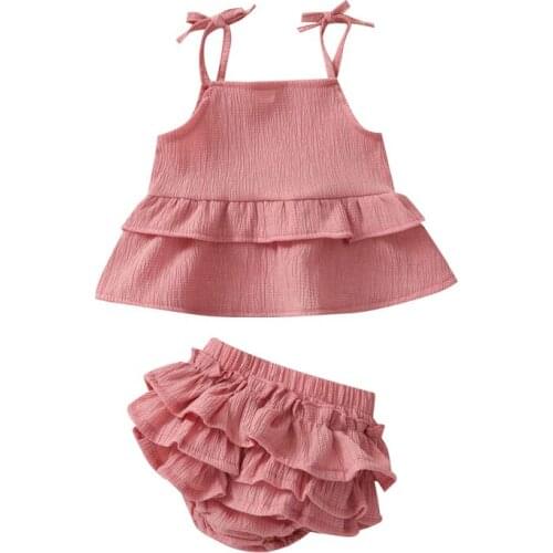 Pudcoco 0-2Y 2Pcs Summer Infant Kids Baby Girls Chiffon Ruffles SleevelessPink Casual Vest Tops+Hem Shorts Pants Outfit Sets