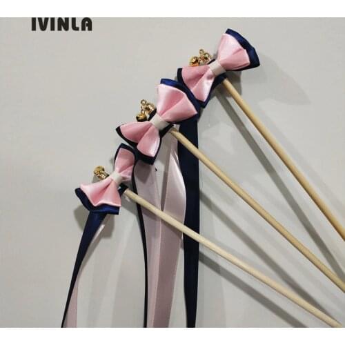 50pcs/lot Navy and pink wedding ribbon wands with bow ribbon Twirling Streamers,ribbon stick