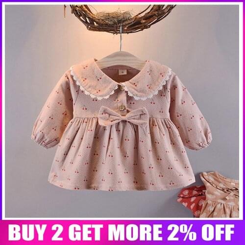 2019 Spring Autumn Long Sleeve Baby Girls Kids Children Bow Infants Doll collar Cherry print Princess Tutu Dress Vestidos C1814