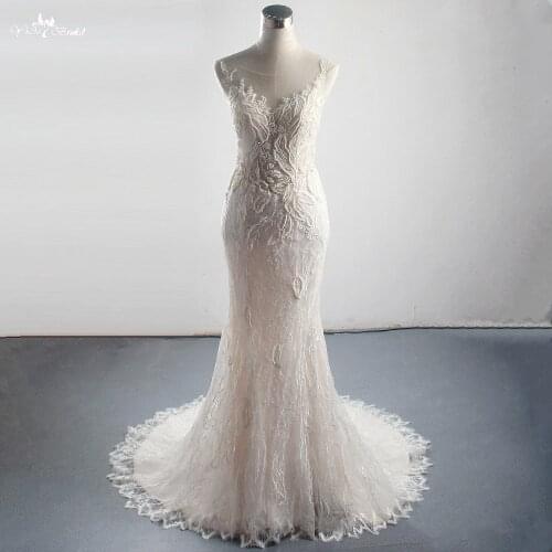 LZ309 Luxury Heavy Beaded Long Wedding Dress Pearls Illusion Sleeveless Mermaid Dress Shining Crystal Lace Appliques Dress