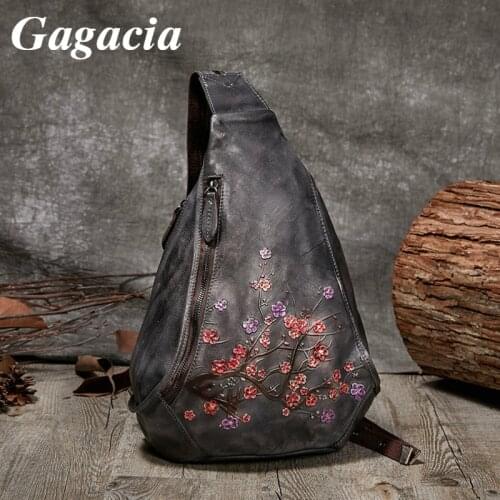 GAGACIA 2021 New Handmade Embossed Floral Womens Retro Chest Bag Lady Genuine Cowhide Leather Crossbody Bags For Women Backpack
