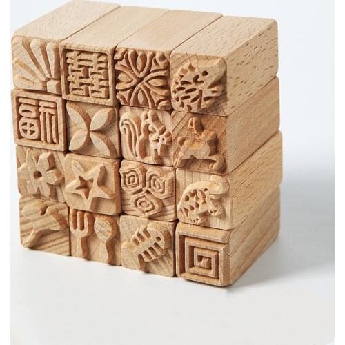 Wood Pottery Tools Stamps for Printing DIY Clay Pottery Natural Wood Stamps with Mixed Patterns 16pcs for choice