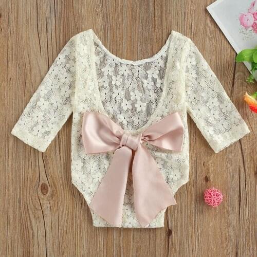 0-24M Newborn Baby Girl Bodysuits Toddler Lace Long Sleeve Bow Decoration Flower Pattern Little Princess Style Spring Clothing