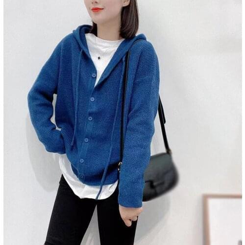 Korean Women Long Sleeve Hooded Loose Versatile Knit Cardigan Coat New 2021 Autumn Winter Ladies Solid Vintage Casual Sweater