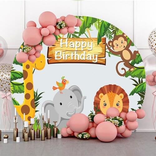 Laeacco Baby Birthday Portrait Custom Background Round Polyester Cartoon Animal Forest Photographic Photo Backdrop For Studio