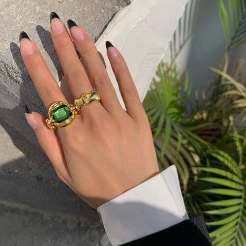 Brass With 18 K Gold Vintage Wave Green Stone Rings Women Jewelry Punk T Show Designer Club Cocktail Party Japan Korea Fashion