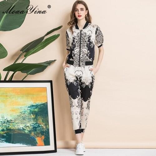 MoaaYina Fashion Designer Summer Slim Two Pieces Long Pants Set Womens Leopard Jacket Tops and Pants Suit
