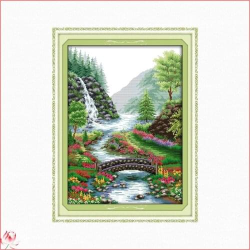 Bridge River Printed Cross Stitch Patterns Kits Canvas Scenery Embroidery Needlework Sets 11CT 14CT DIY Handmade Home Decoration