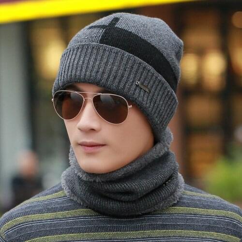 Men female warm winter cap scarf twinset thick cloth knit hat windproof thermal scarves keep warm sets winter fashion