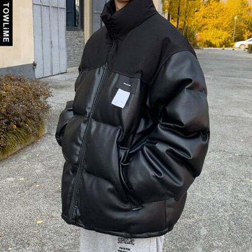 Men Loose PU Leather Patchwork Stand Collar Warm Puffer Down Coat 2021 Winter Trends Thick Jackets Harajuku Cotton Padded