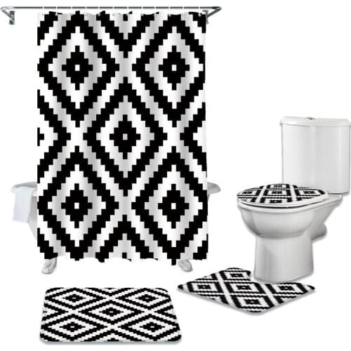 Black White Irregular Geometry Shower Curtain Sets Non-Slip Rugs Toilet Lid Cover and Bath Mat Waterproof Bathroom Curtains
