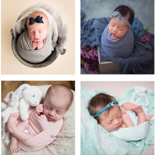 Don&Judy Stretch Baby Photography Props Cotton Blanket Wraps with Headwear Set Soft Infant Newborn Photo Wrap Cloth Accessories