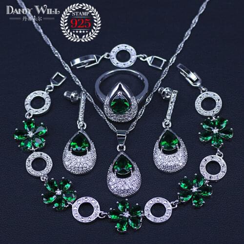 Promotion Russian style Green Cubic Zirconia silver color jewelry sets Pendants/Necklace/Earrings/Rings/Bracelets Sets Fashion