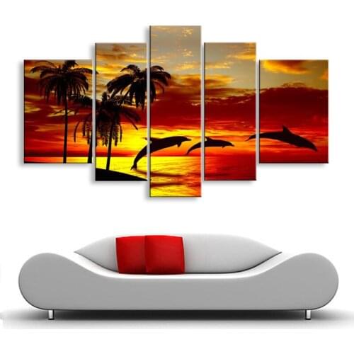 Hand-painted oil wall art Sunrise beach dolphins home decoration abstract Landscape oil painting on canvas 5pcs/set DY-068