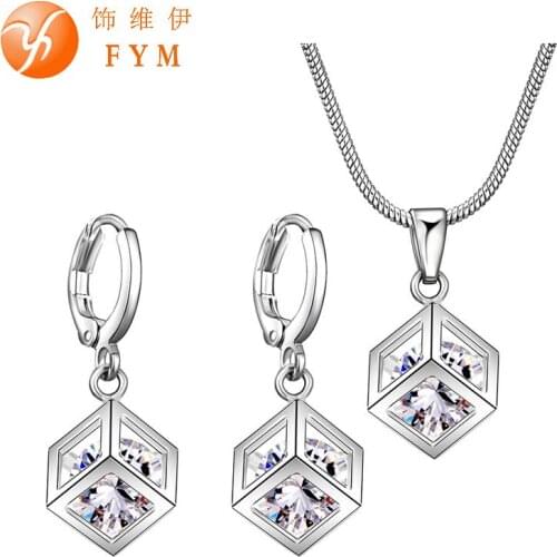 Crystal Silver Magic Square 3D Pendant Collares Earrings Jewelry For Women Wedding and Engagement Bridal Bridesmaid Jewelry Sets