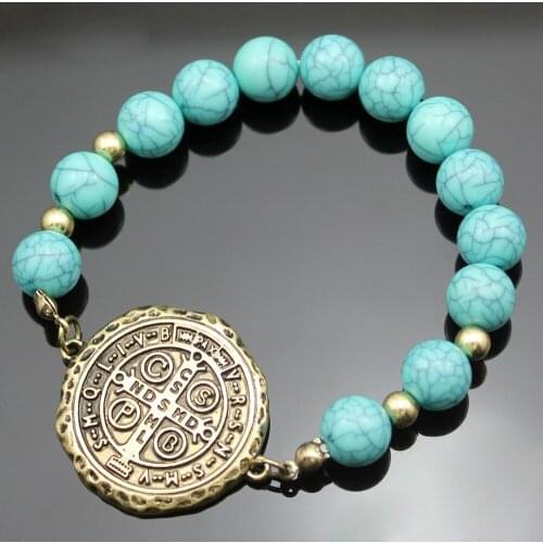 Catholic Saint St. Benedict Medal Nursia Cross Charm Chain Bead Bracelet Bangle Jewelry bohemian Vacation adjustable Retro