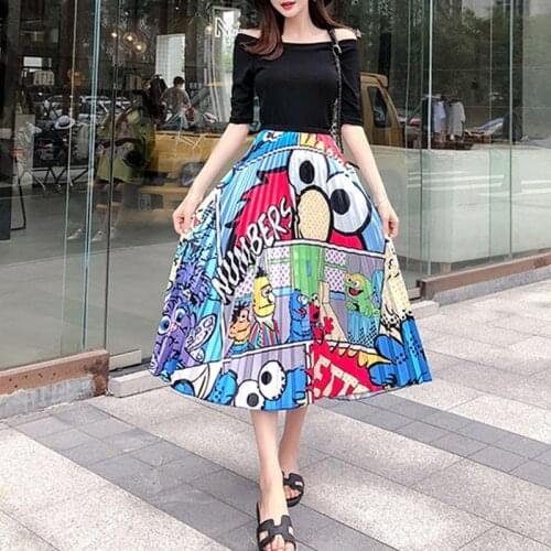 Cartoon Print Pleated Women Long Skirts High Waist A-Line Elastic Blue Pink Skirt For Ladies 2020 Summer Casual Female Bottoms