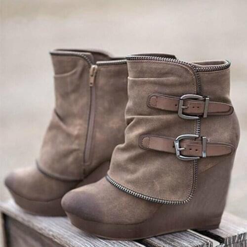 Autumn Winter Women Boots 2020 Fashion Wedges Ankle Boots Leather Buckle Platform Booties Ladies Shoes