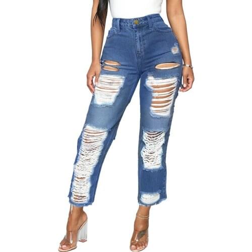 Washed Ripped Jeans Women Korean High Waist Trousers Skinny Distressed Leopard Denim Jeans Blue Hole Hollow Bleached Pencil Pant