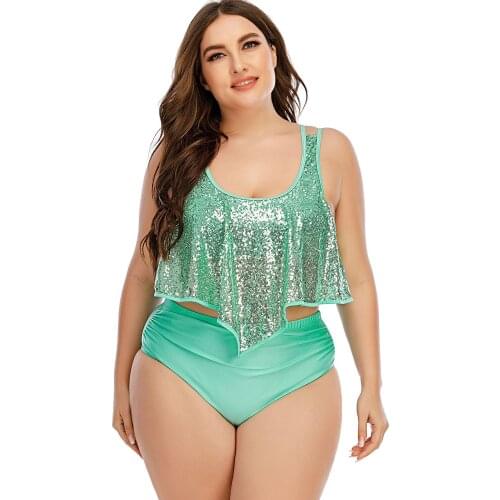 Womens 2021 Two Pieces Swimwear Light Green Sequin Beachwear High Waist Bikini Bottom Ruffle Swimsuit Top Plus Size 5XL Biquini
