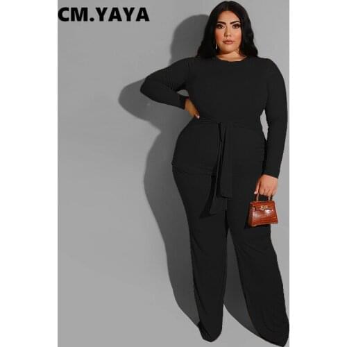 CM.YAYA Women Plus Size Tracksuit Solid Full Sleeve O-neck Tops Bandage Stretchy Pants Two 2 Piece Sets Casual Outfits Autumn