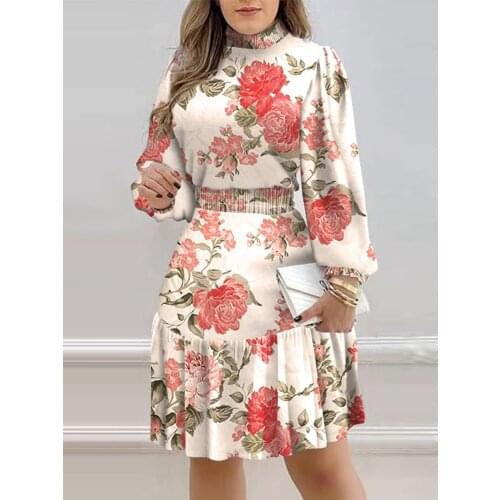 Sheinset Y2K Sexy O-neck Floral Print A Line Lantern Sleeve Shirred Ruffles Midi Vestidos Party Women Dress