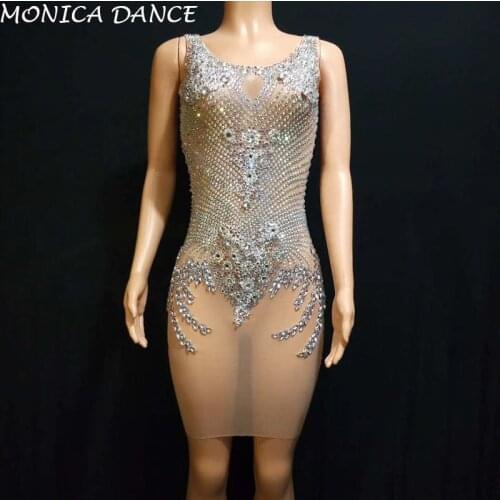 Women Sexy Stage Bright Silver Rhinestones Mesh Dress Womens Birthday Celebrate Dress Bar Singer Show See Through Dress