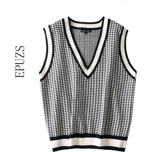 Blue plaid Vest Women Fashion Oversized Knitted Vest Sweater V Neck Sleeveless Loose Female Waistcoat Chic Tops 2020