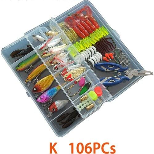 106PCs Kit Fishing Lure Set Mixed Soft Lure Artificial Hard Bait Minnow Popper Vib Spoon Frog Shad Plier Metal Spoon jig Hook