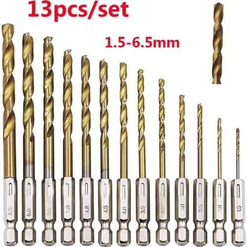 13pcs/batch HSS High Speed Steel Titanium Coated Drill Bit Set 1/4 Hexagon Shank Twist Electric Screwdriver Drill Bit 1.5-6.5mm