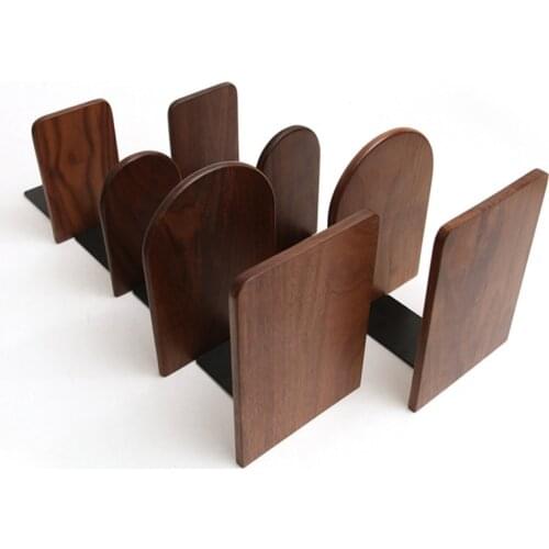 2Pcs Hand Crafted Wooden Bookends with Metal Base Heavy Duty Walnut Book Stand Support Organizer Shelves
