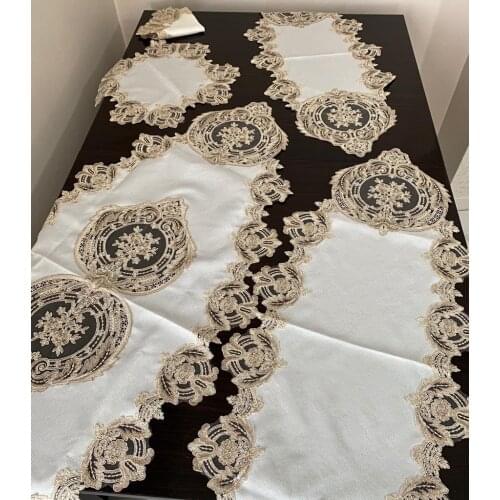 5 Parça Salon Takımı Linen Kumaş Fransız Dantelli