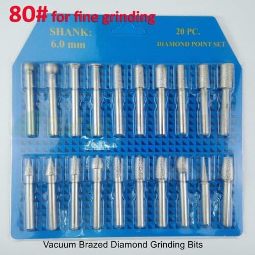 DIATOOL 20pcs/set 80# For Fine Grinding Brazed Diamond Burrs For Stone Diamond Grinding Head Engraving Bits Single Blister Pack