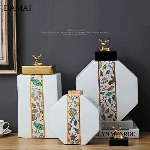 Golden Fawn Storage Jars with Lid Decorative Elk Ceramic Vase Flower Arrangement Animal Vases Desktop Decoration Ornaments