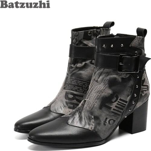 Batzuzhi 7.5cm Heels Height Increased Mens Boots Retro Pointed Toe Leather Ankle Boots Men Knight Rivets Botas Hombre, Big Size