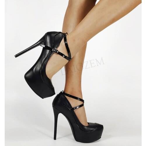 BERZIMER Women Platform Heels High Heels Pumps Faux Leather Round Toe Party Zapatos Ladies Shoes Woman Large Size 44 45 46 52