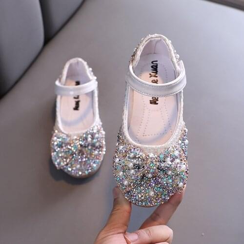 Color Sequins Rhinestone Girls Shoes 2021 Spring Autumn New Kids Bowtie Princess Shoes Children Dancing Show Flats Shoes G48